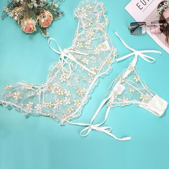 Women's White Through Two Ways Wear Lingerie Sets Tulle Tie Top Thong Underwear - Picture 6 of 7